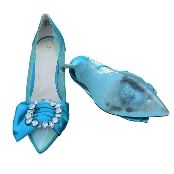 Betsey Johnson Teal Blue Rhinestone Bow wedding pointed toe heel Maise Pump 9.5 - Picture 11 of 11